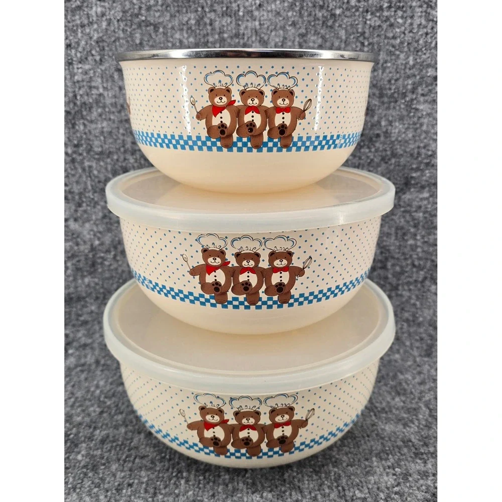 Vtg Set of 3 B&D Enamel Mixing Bowls Teddy Bear Chef w/ 2 Lids Metal 80s Rare